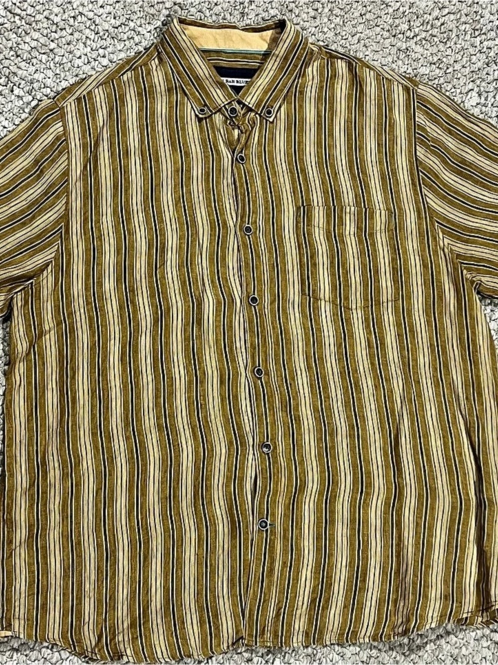 32 Bar Blues Linen Shirt Mens XLarge Button Down Brown/Gold Striped Casual SS